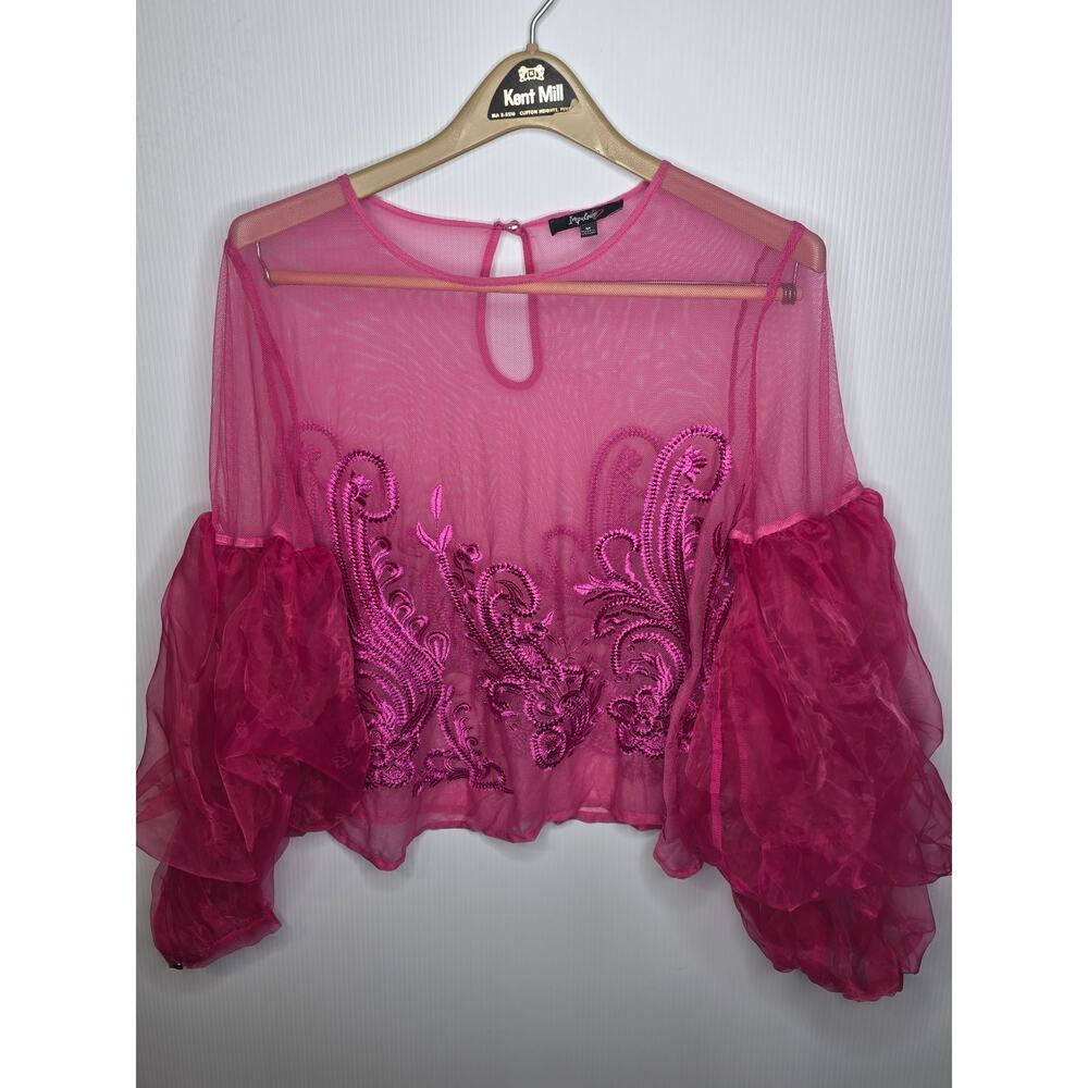 Impulsive Hot Pink Sheer Mesh Embroidered Puff Sleeve Top Size M